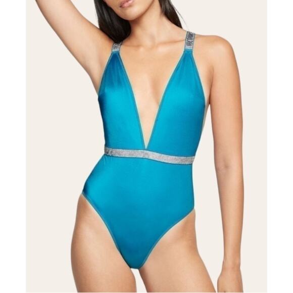 Victoria’s Secret Swim Light Blue Rhinestone Backless Cheeky One Piece Medium - Picture 1 of 12
